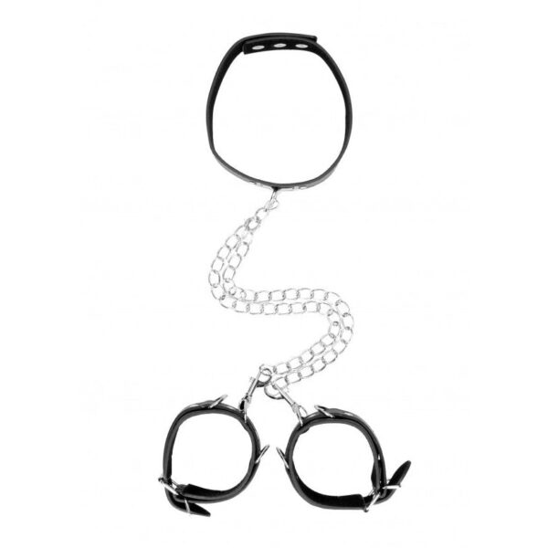 Collar Leather with Hand Cuffs - With Adjustable Straps and Chain